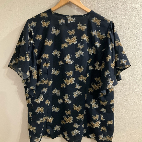 Unique Vintage Black gold butterfly print boho blouse tie front flutter sleeves - Picture 6 of 8